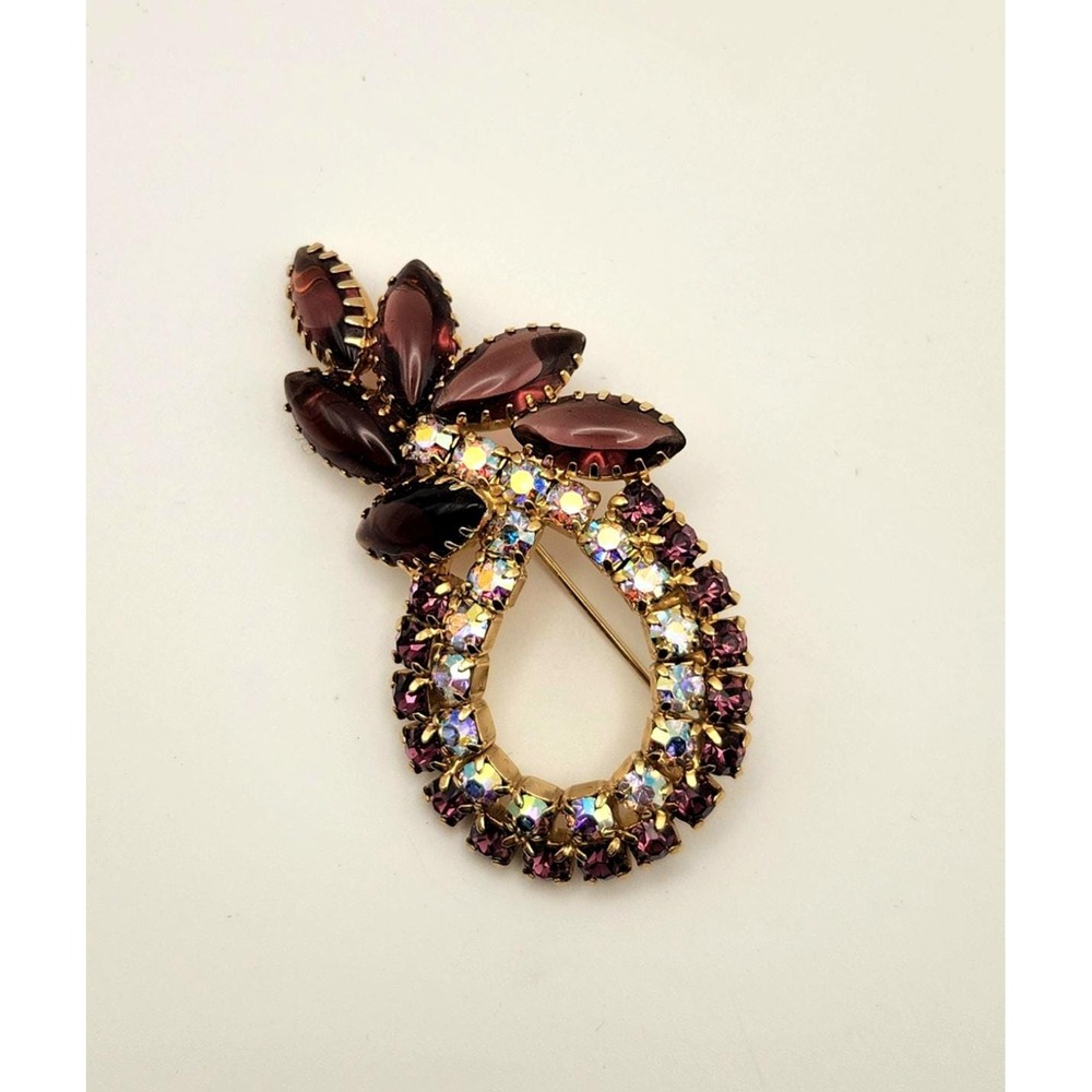 Vintage Purple Navette AB Rhinestone Wreath Brooch Gold Tone Bow Pin Retro